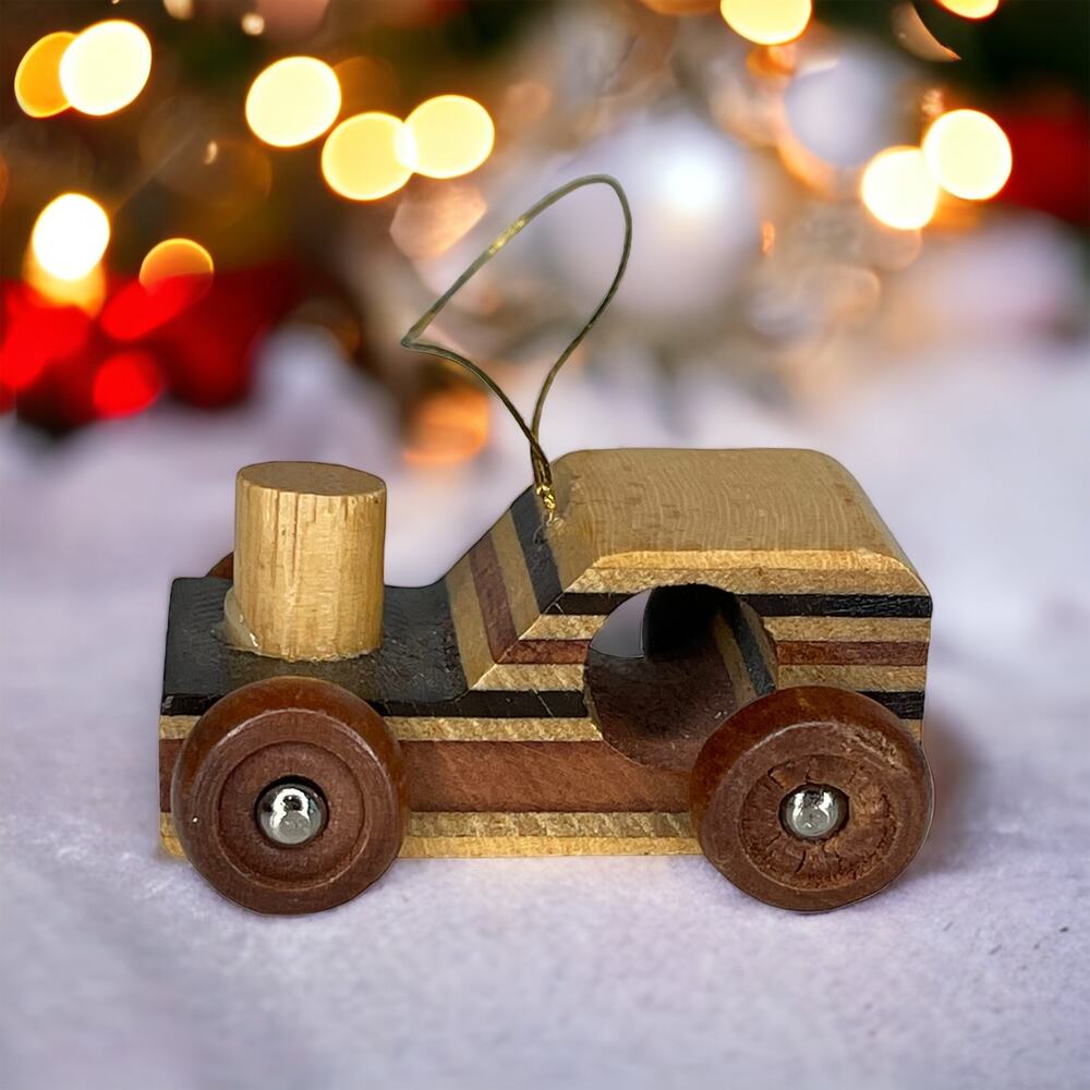 Vintage Wooden Car Ornament Wood Inlay Handmade Rustic Folk Art Mini Car Decor